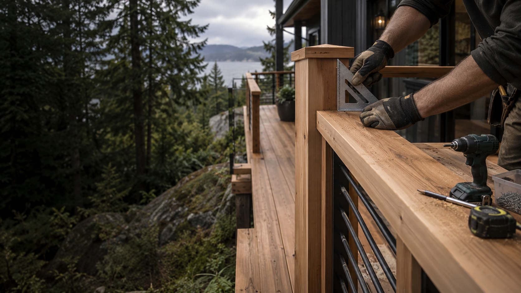 Carpenter checking precise cedar deck rail joinery